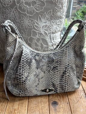 Elliott Lucca Grey Snake-Print Leather Shoulder Bag